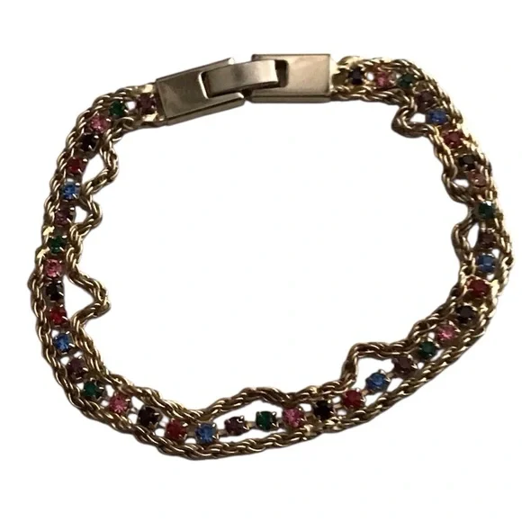 Yechang Rhinestone Bracelet Multicolor Gold Tone Vintage Pink Green Blue Red - Picture 10 of 10